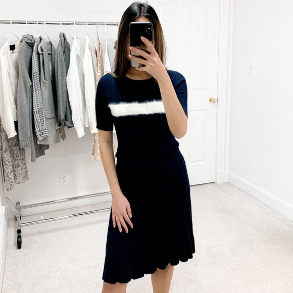 Draper James Dresses & Skirts - Draper James Stripe Mohair Pleated Sweater Dress in Navy Blue